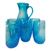 Vintage Art Deco blue molded glass orangeade set, pitcher and 6 glasses