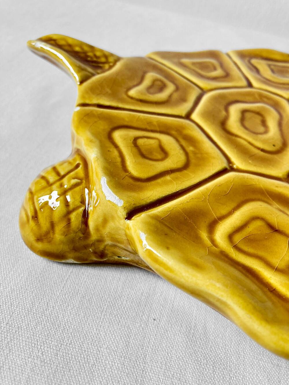 Large mustard yellow ceramic turtle dish, vintage 1950s-1970s.