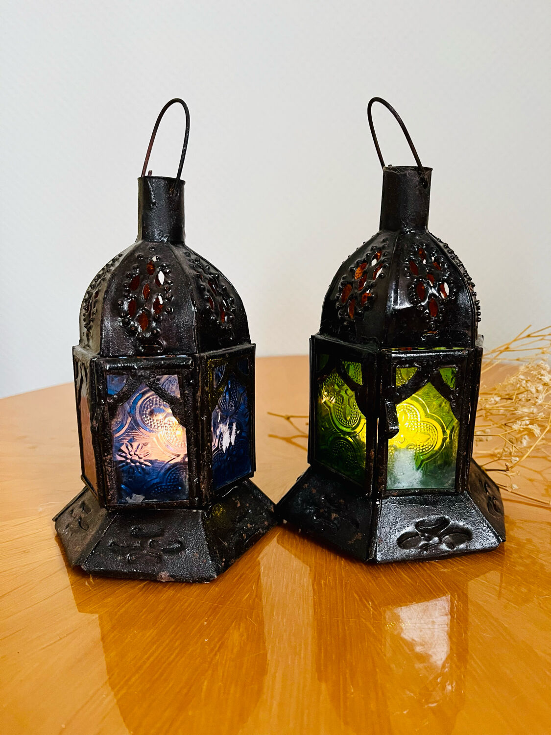Pair of vintage Moroccan lantern tealight holders