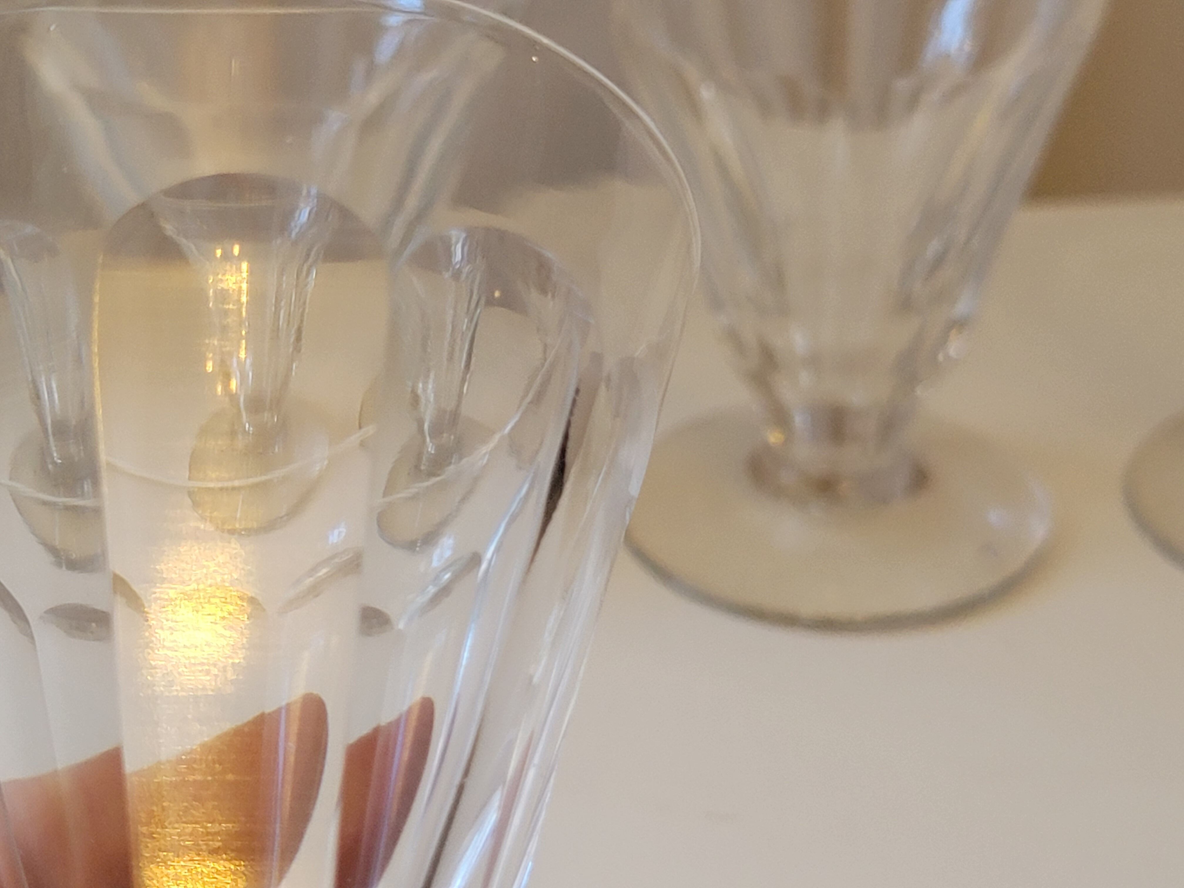 4 old conical liquor glasses cut with 10 flat ribs with faceted sides