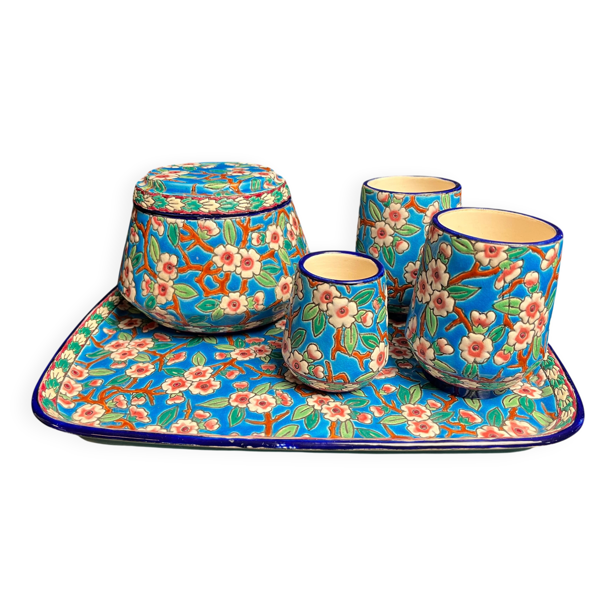 Longwy, cherry blossom glazed earthenware smoking set, early 20th century