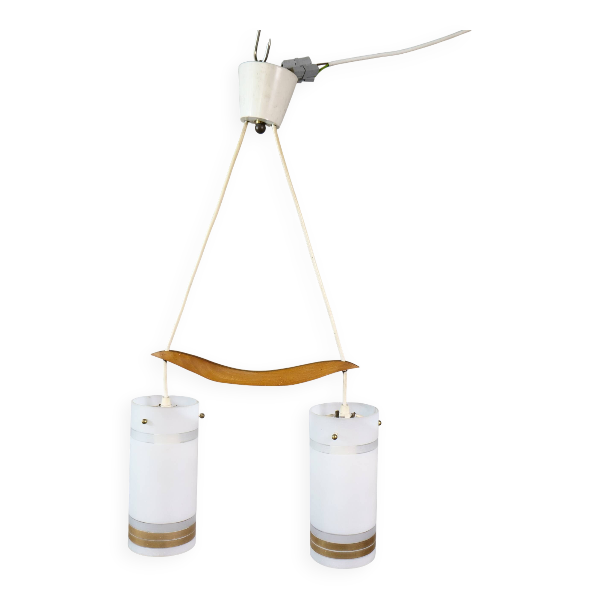 Mid-Century Teak and Opaline Glass Pendant Lamp, 1960s