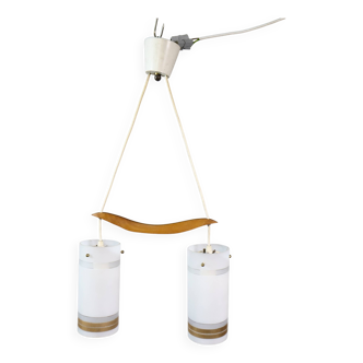 Mid-Century Teak and Opaline Glass Pendant Lamp, 1960s