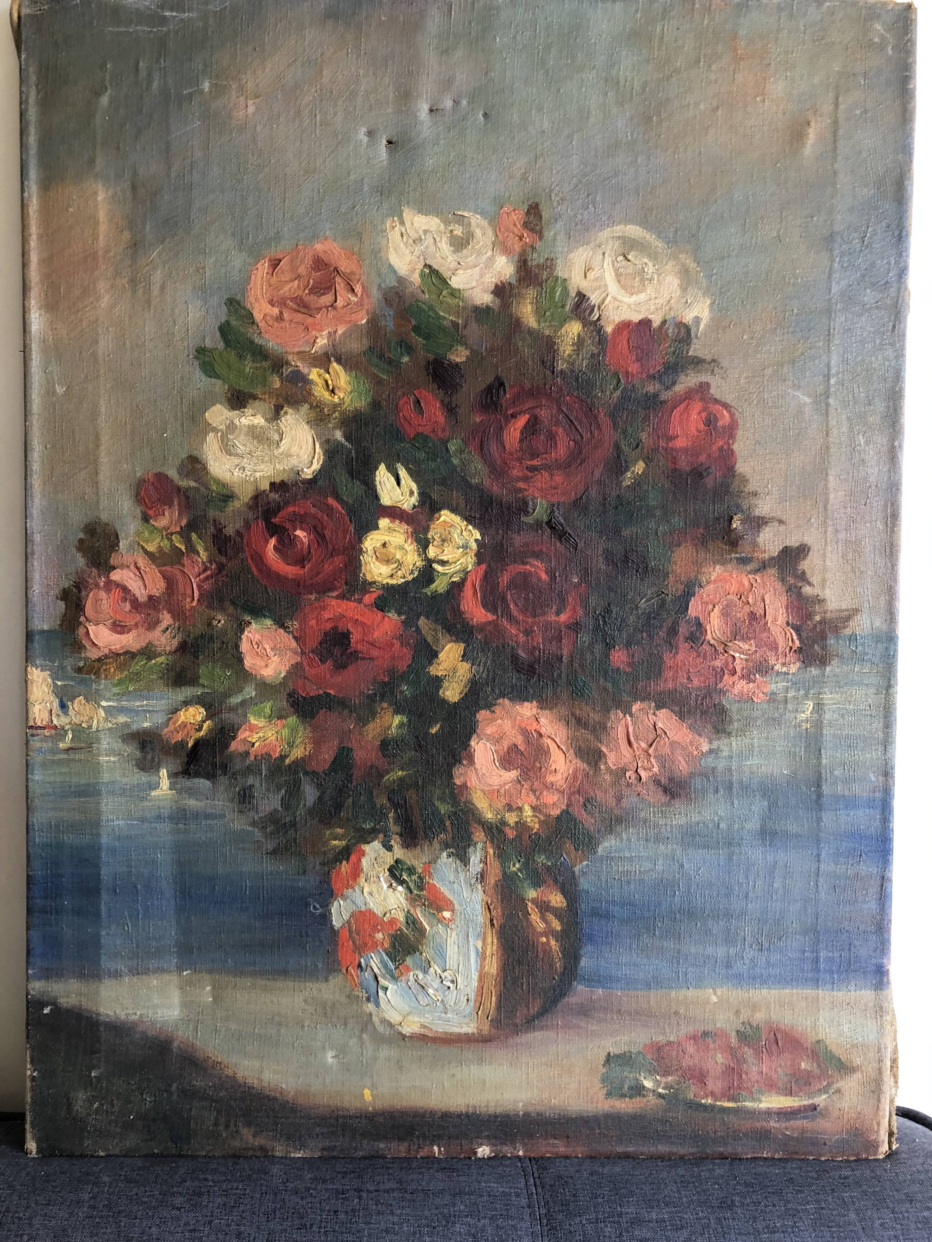 Oil on canvas ancient Bouquet of flowers