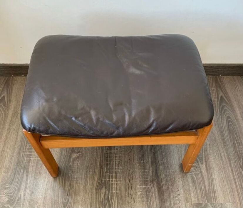 Scandinavian leather and wood ottoman