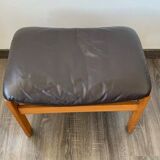 Scandinavian leather and wood ottoman