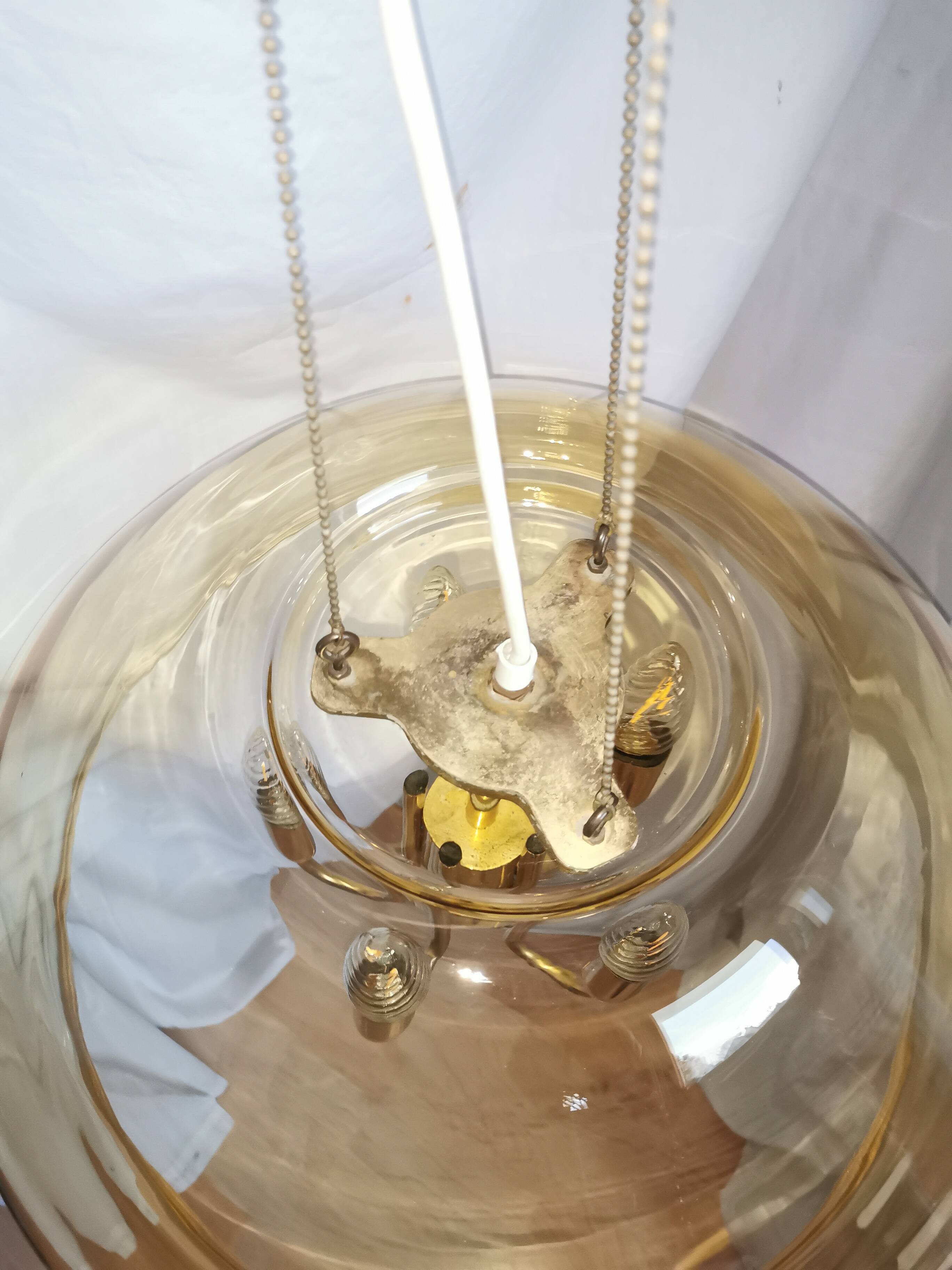 Large chandelier in brass and smoked glass, six branches, space age, baroque, Italy, 1970.