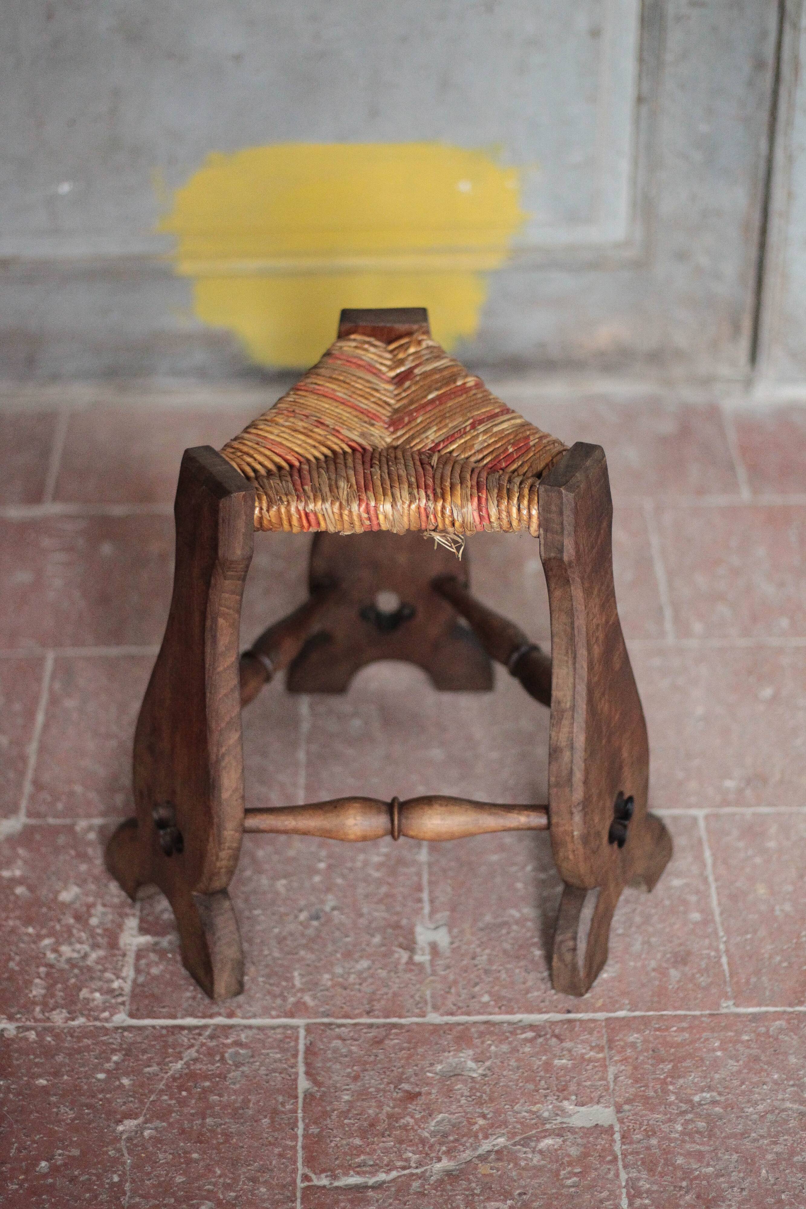 Wood and rush tripod stool, vintage stool, Gothic style stool