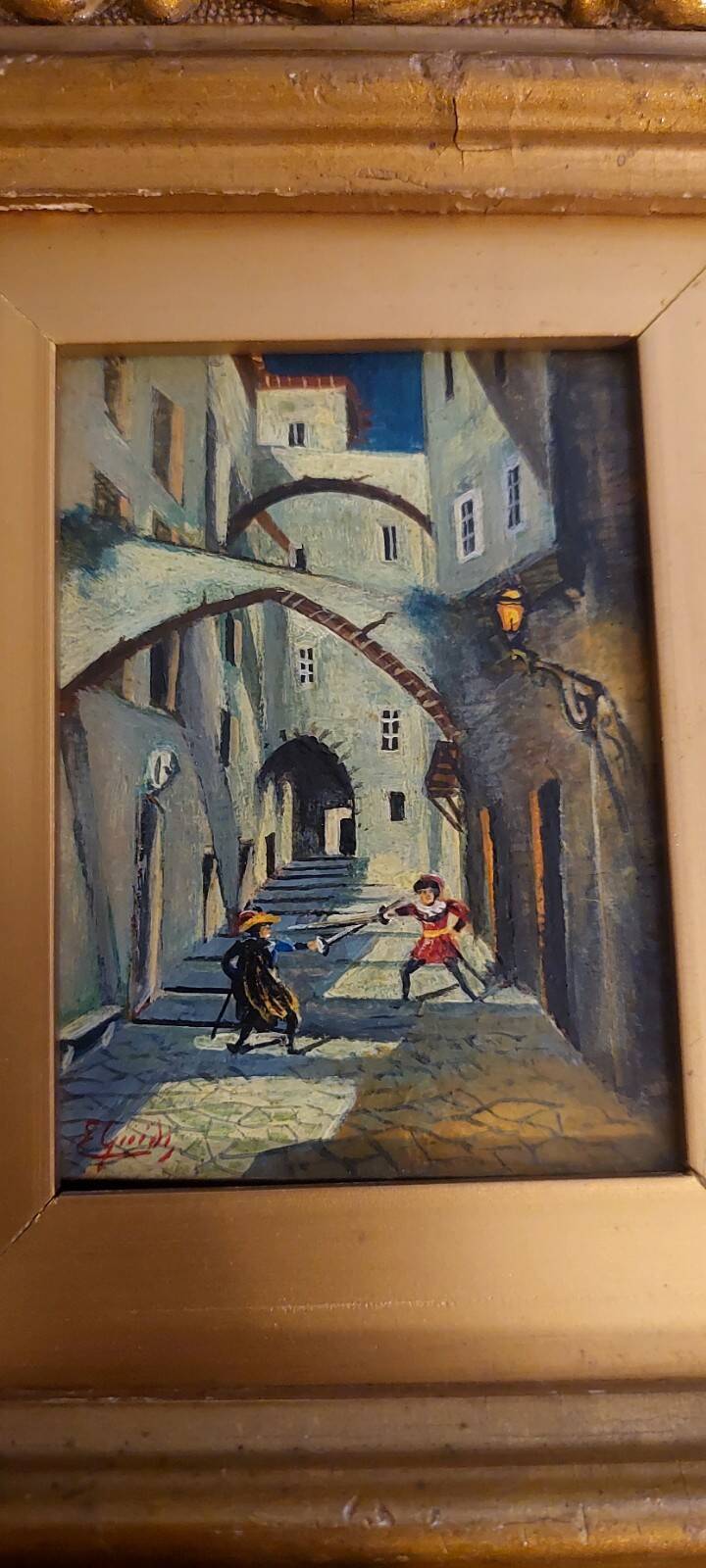 Small old painting oil on panel signed E. Guidi, frame