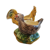 Ancien saleron en barbotine polychrome à décor de coq et poule