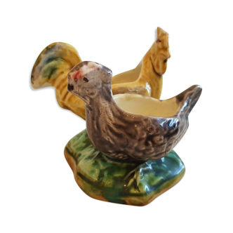 Old polychrome slurry saleron decorated with rooster and hen decoration