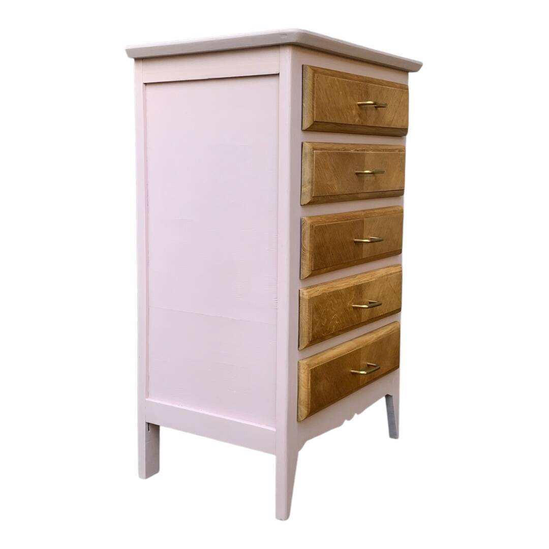 Vintage powder pink compass leg chest of drawers from the 1950s