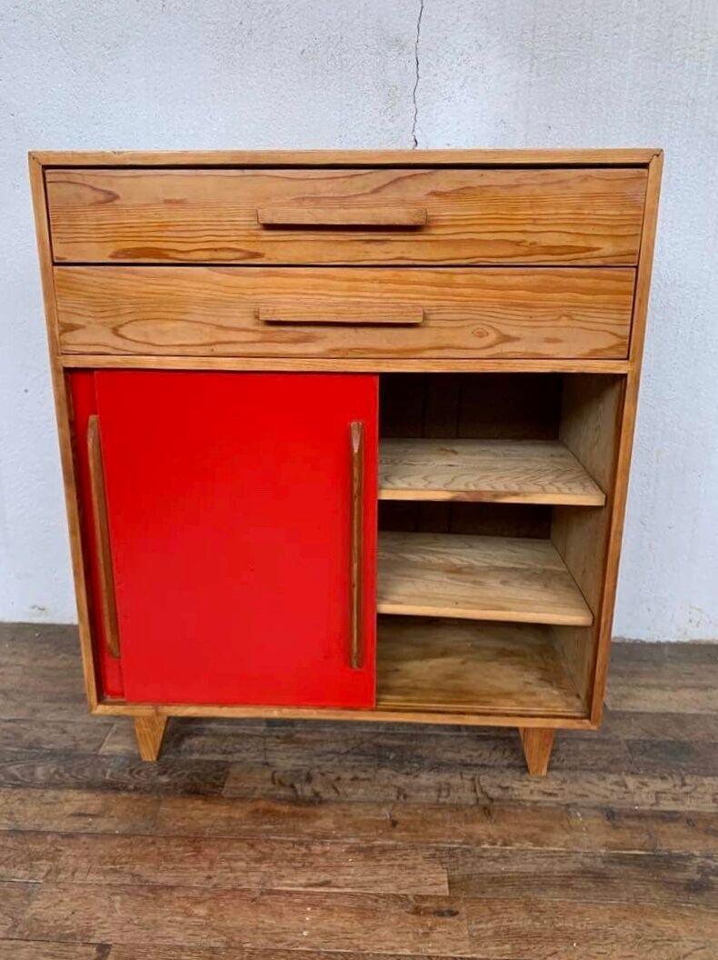 Small infilade vintage chest of drawers 2 sliding doors 2 drawers