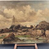 Oil on canvas animated seascape, brittany - signed de belcour? 19th century