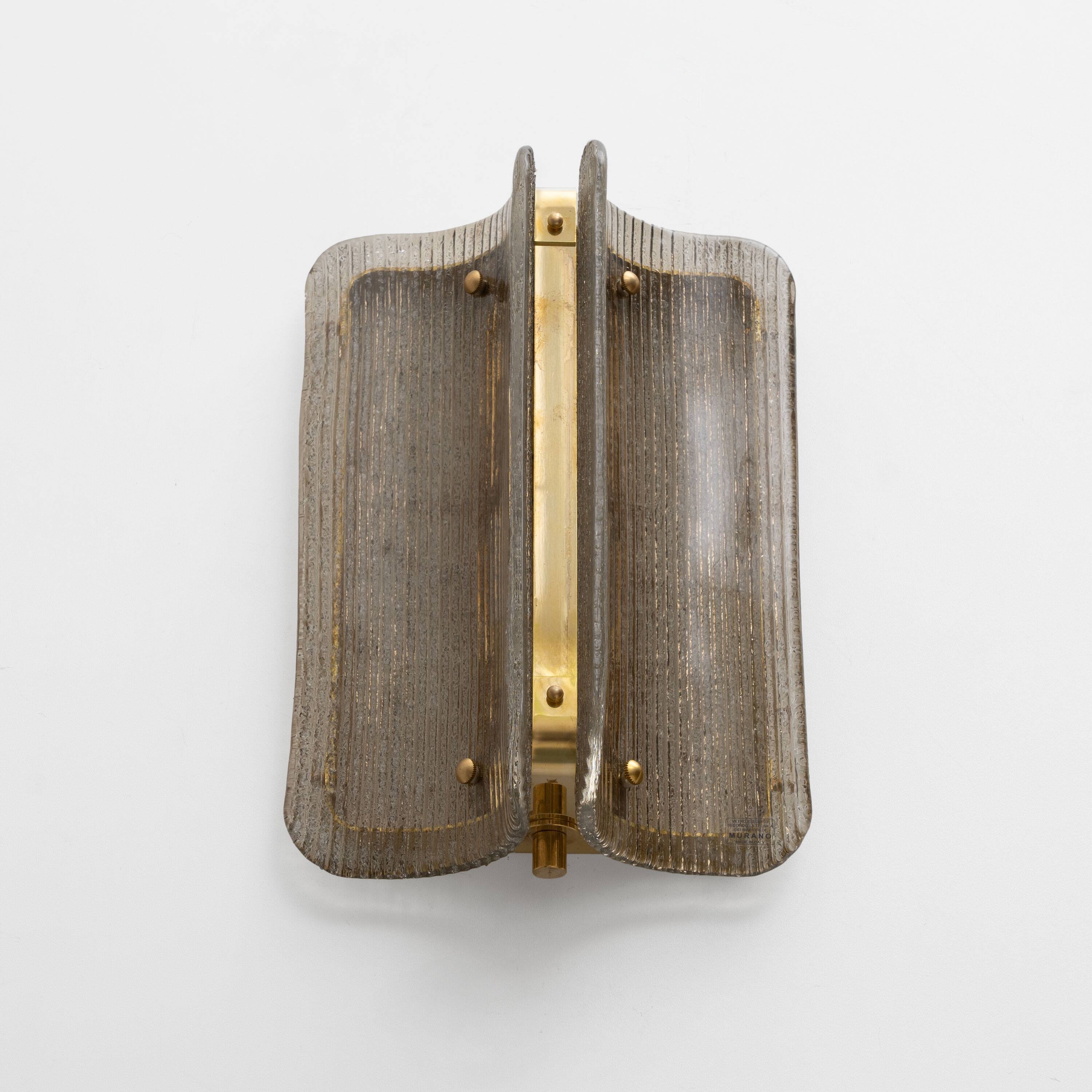 Pair of Curved Ribbed Grey Murano Glass and Brass Wall Sconces