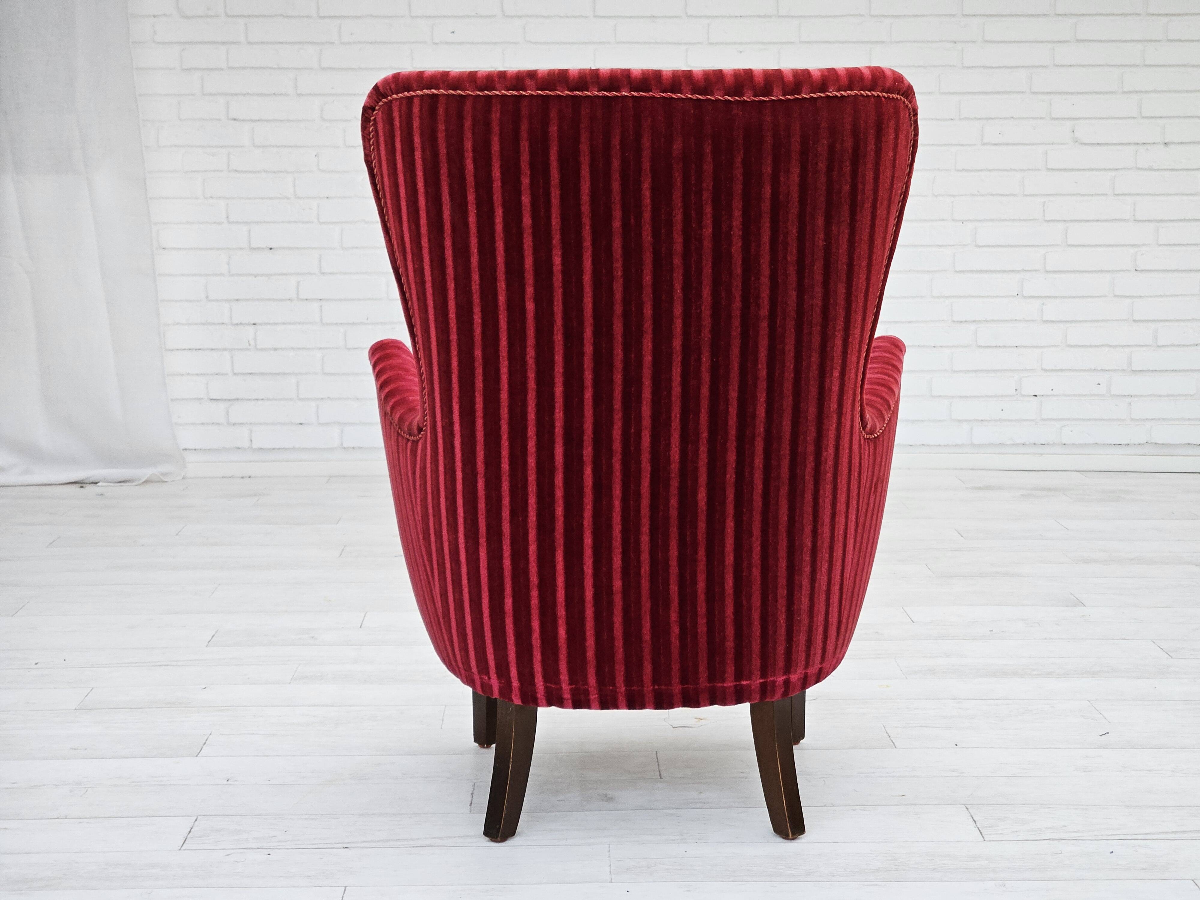 1960s, Danish armchair in cherry-red furniture velour, original condition.