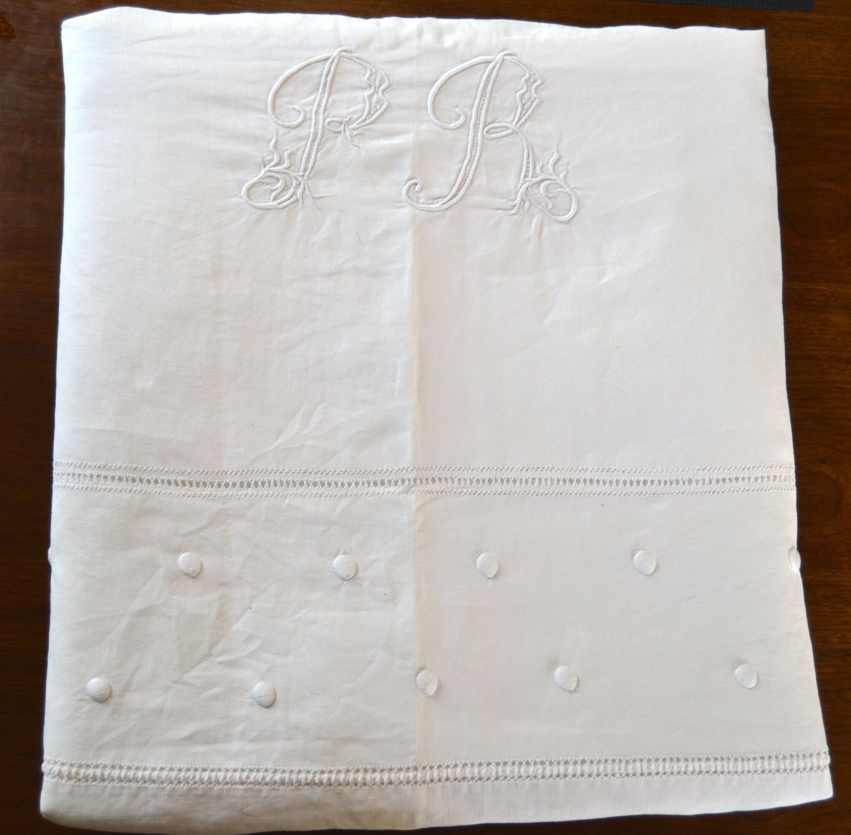 Old linen, flat sheet, embroidered Monogram "PR", with return
