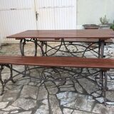 Garden lounge table and 2 cast iron and oak benches