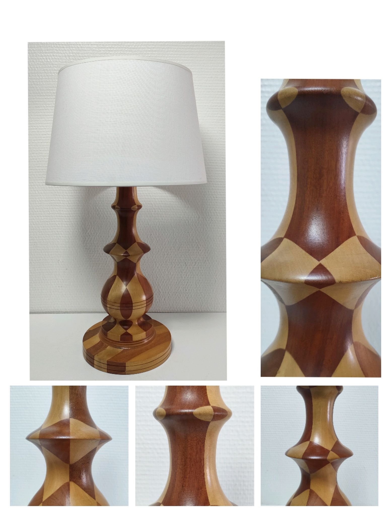 Turned wooden lamp and vintage wood inlay