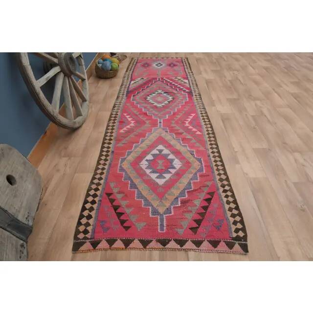 Tapis couloir vintage turc fait main en laine et coton rose des années 1970 104x358