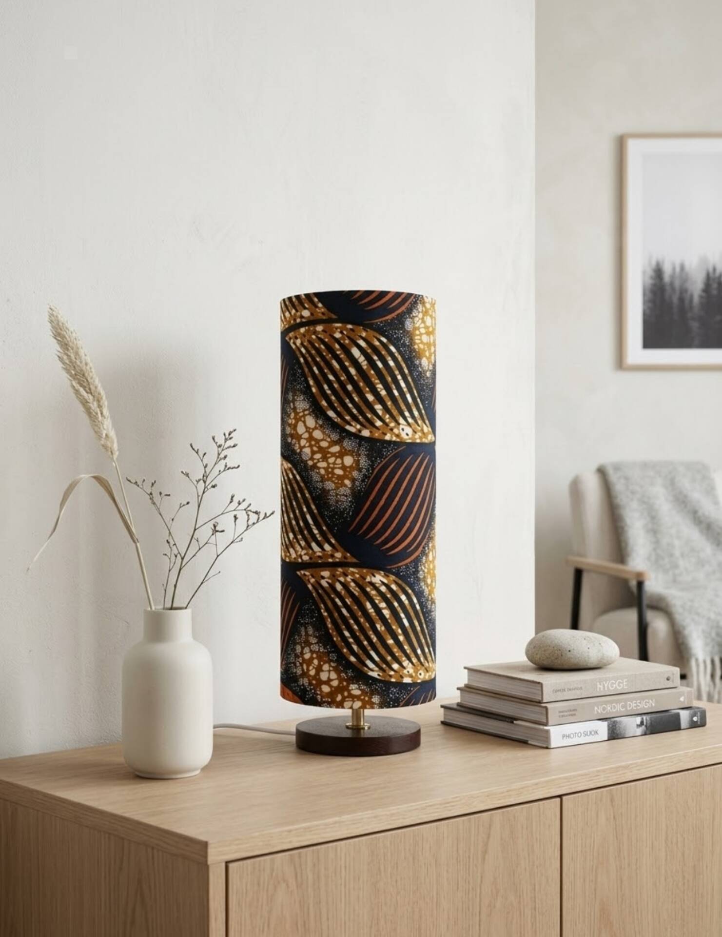 tube lamp wooden base | wax fabric boho-ethnic chic