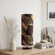 Tube lamp with wooden base and wax boho-ethnic fabric