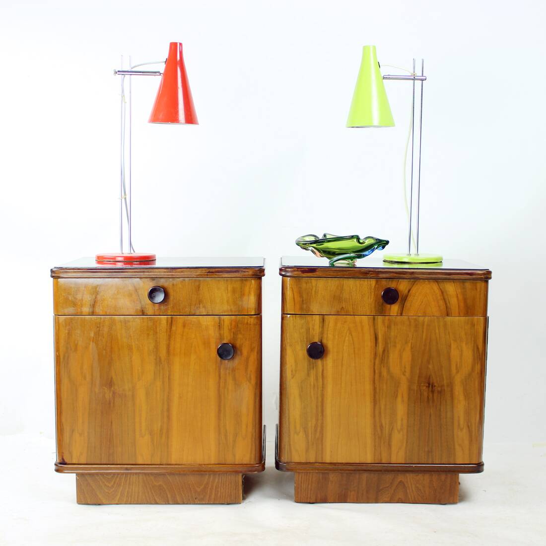 Mid Century Bedside Tables In Oak And Walnut Veneer, Czechoslovakia, 1950s,