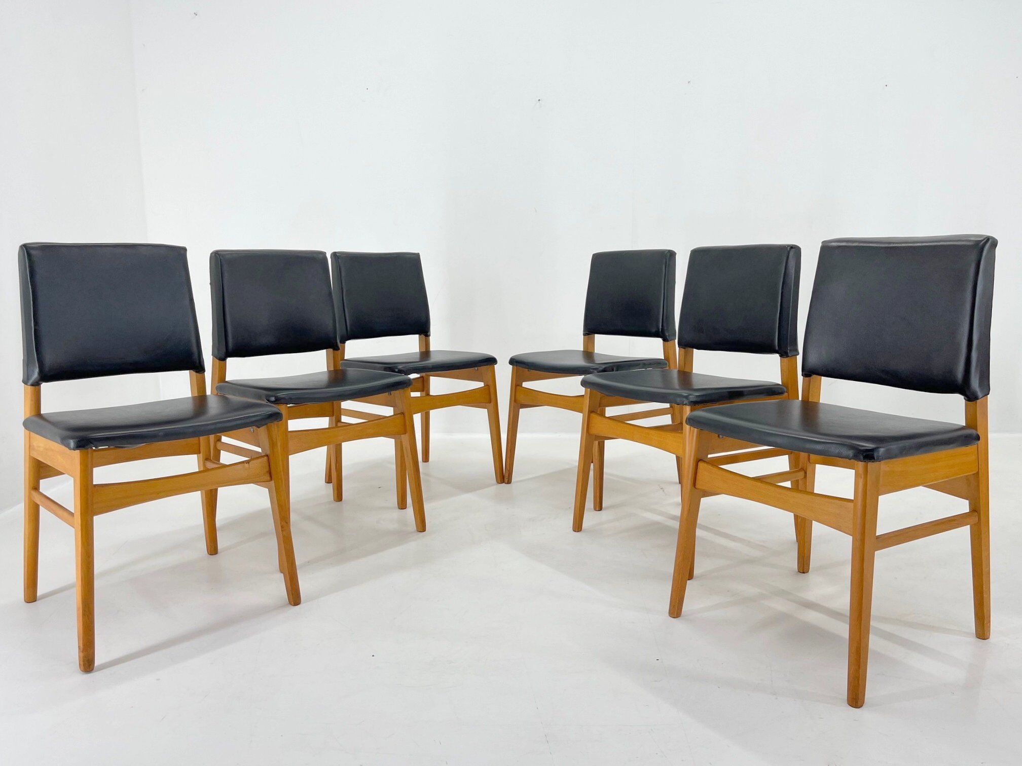 Set of 6 Leatherette & Wood Chairs, Czechoslovakia, 1960's