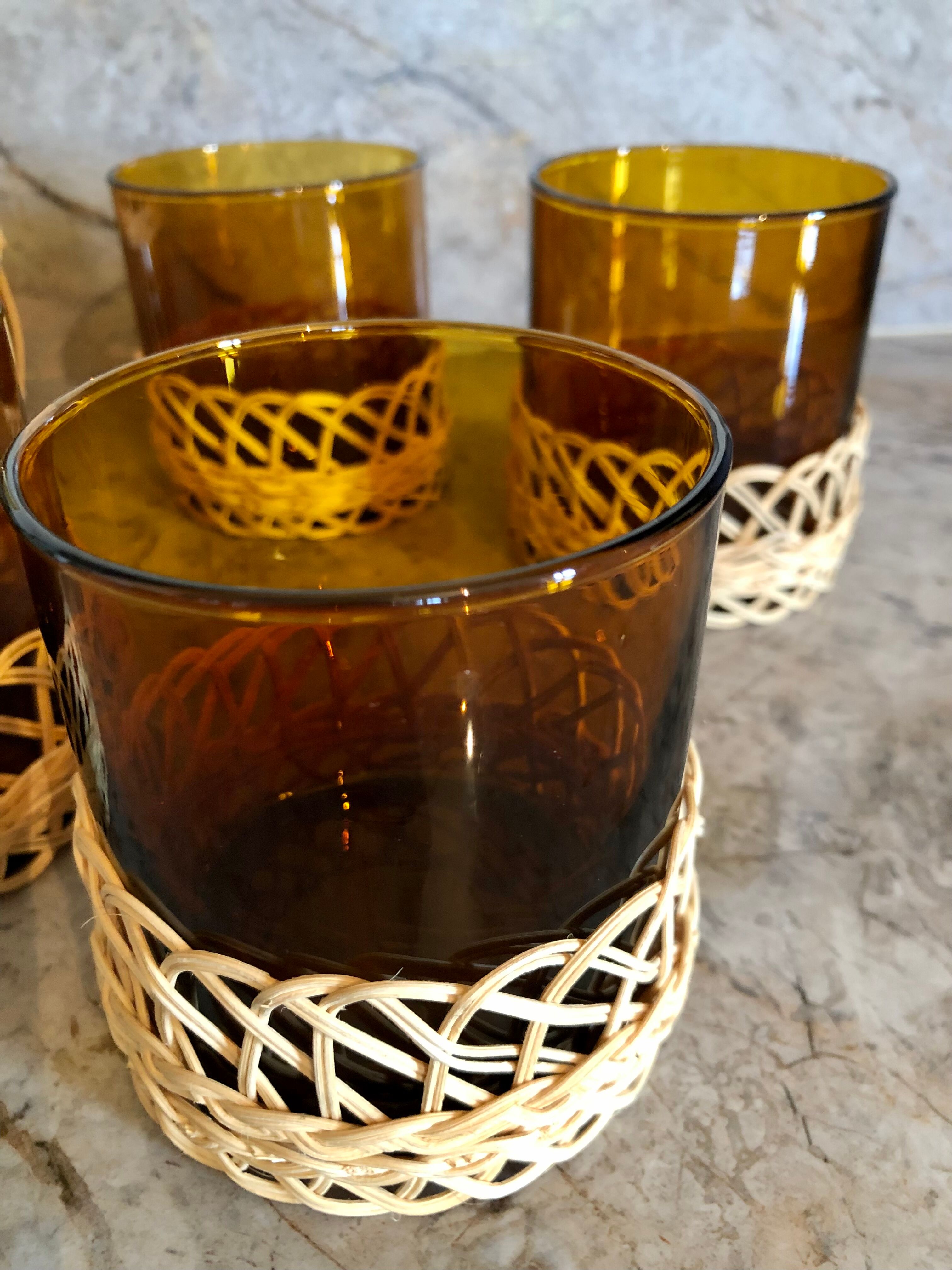Pitcher and amber glasses and rattan