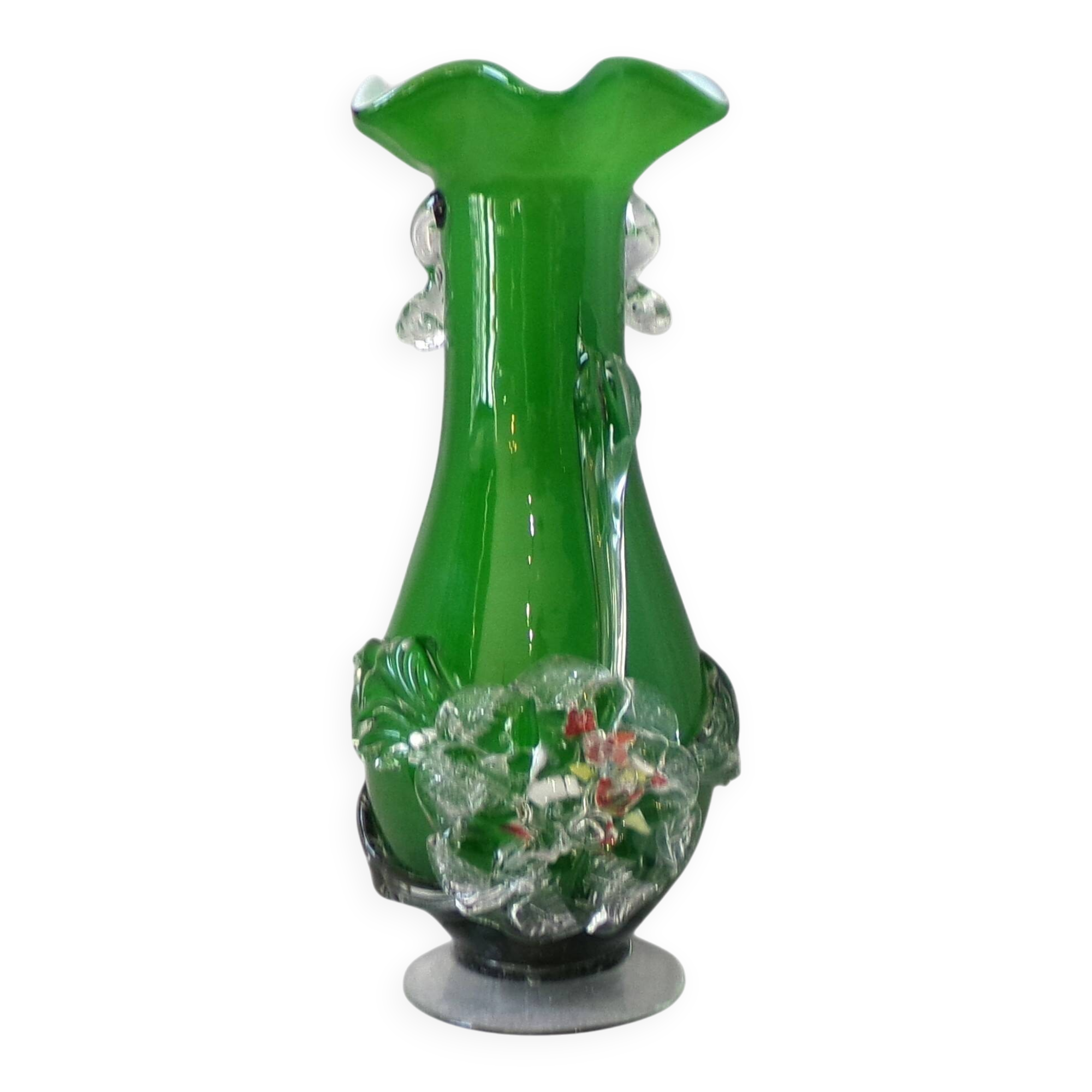 Vase Murano vert foncé fait main avec détails floraux en verre transparent