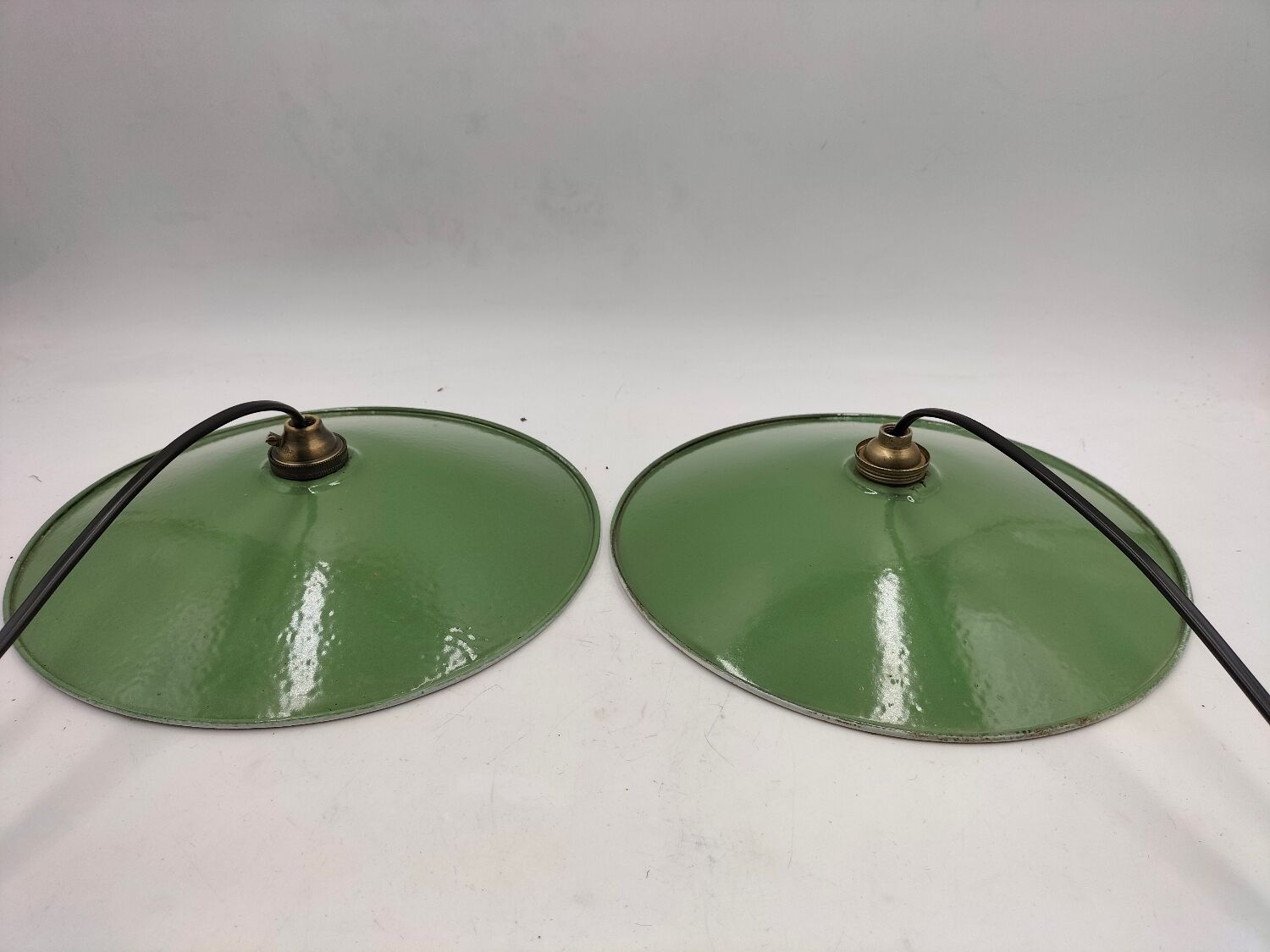 Pair of enamelled metal pendant lights