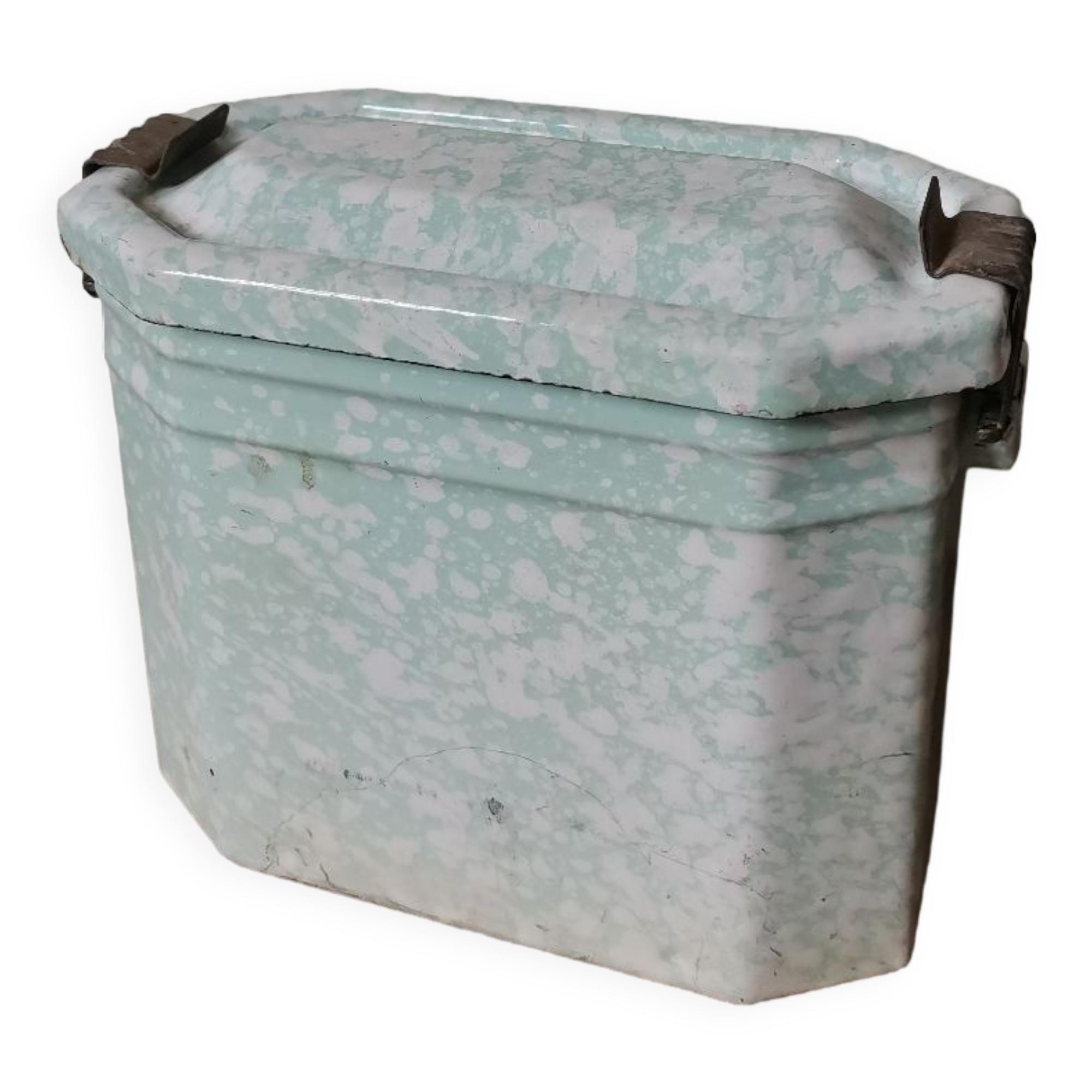 Vintage blue and white speckled enamelled metal lunch box