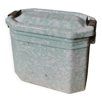 Boîte à repas en métal émaillé moucheté vintage bleu et blanc