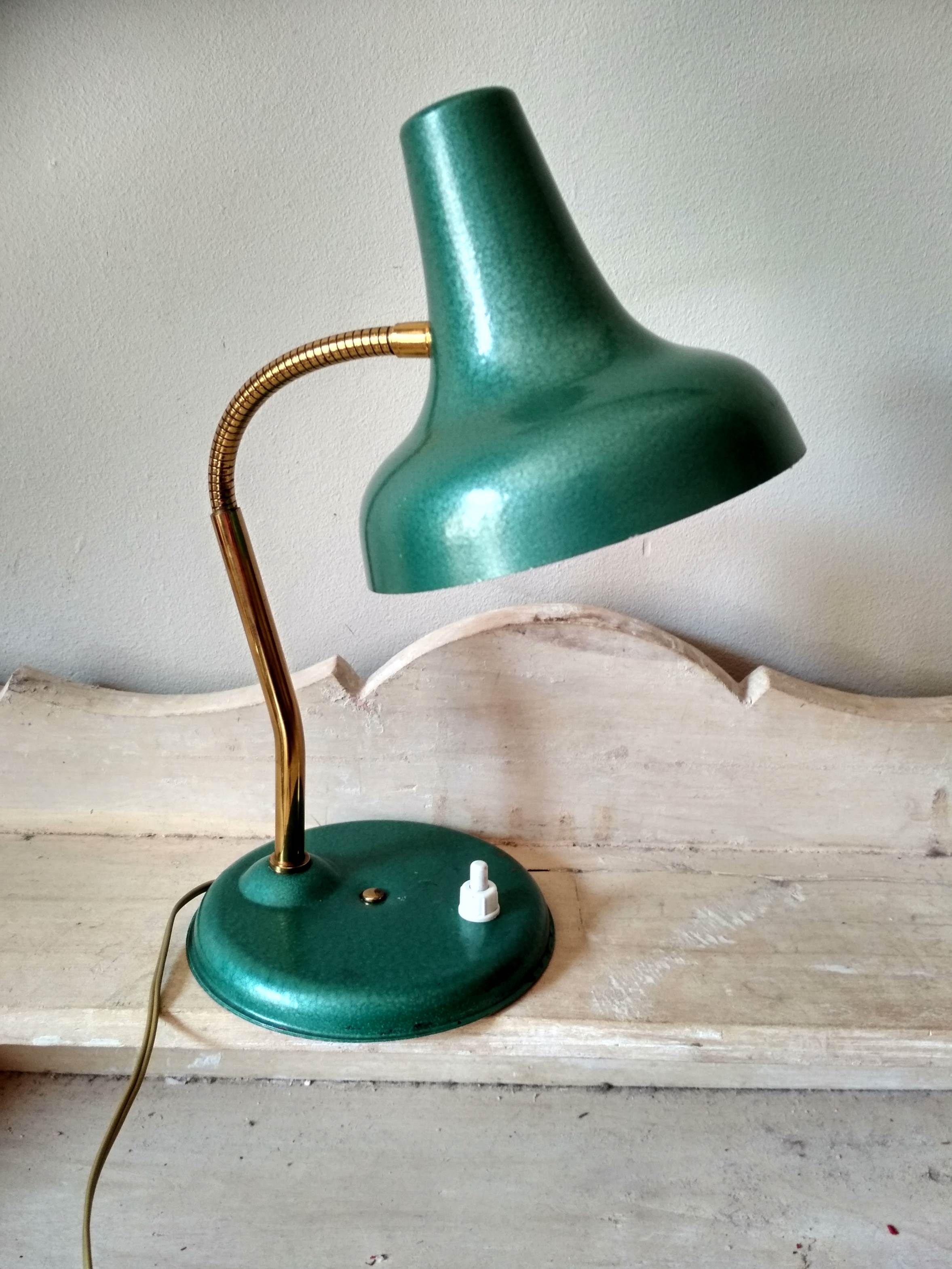 50's 50's green metal articulated desk lamp and golden flexible foot