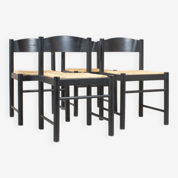 Série de 4 chaises noires et paille