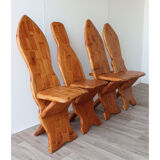 Series of 4 brutalist chairs carved in solid pine 1970