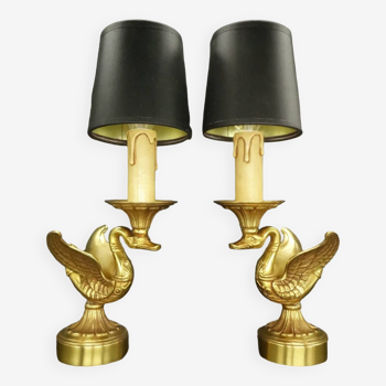 Pair of Empire style swan lamps - bronze