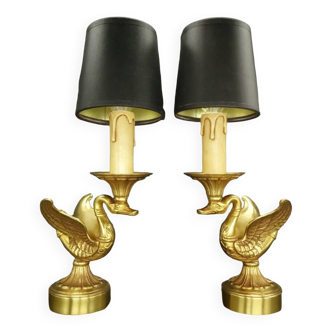 Pair of Empire style swan lamps - bronze