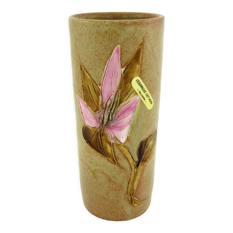 Glazed stoneware roller vase - glazed floral decoration - Vallauris France - vintage 70s
