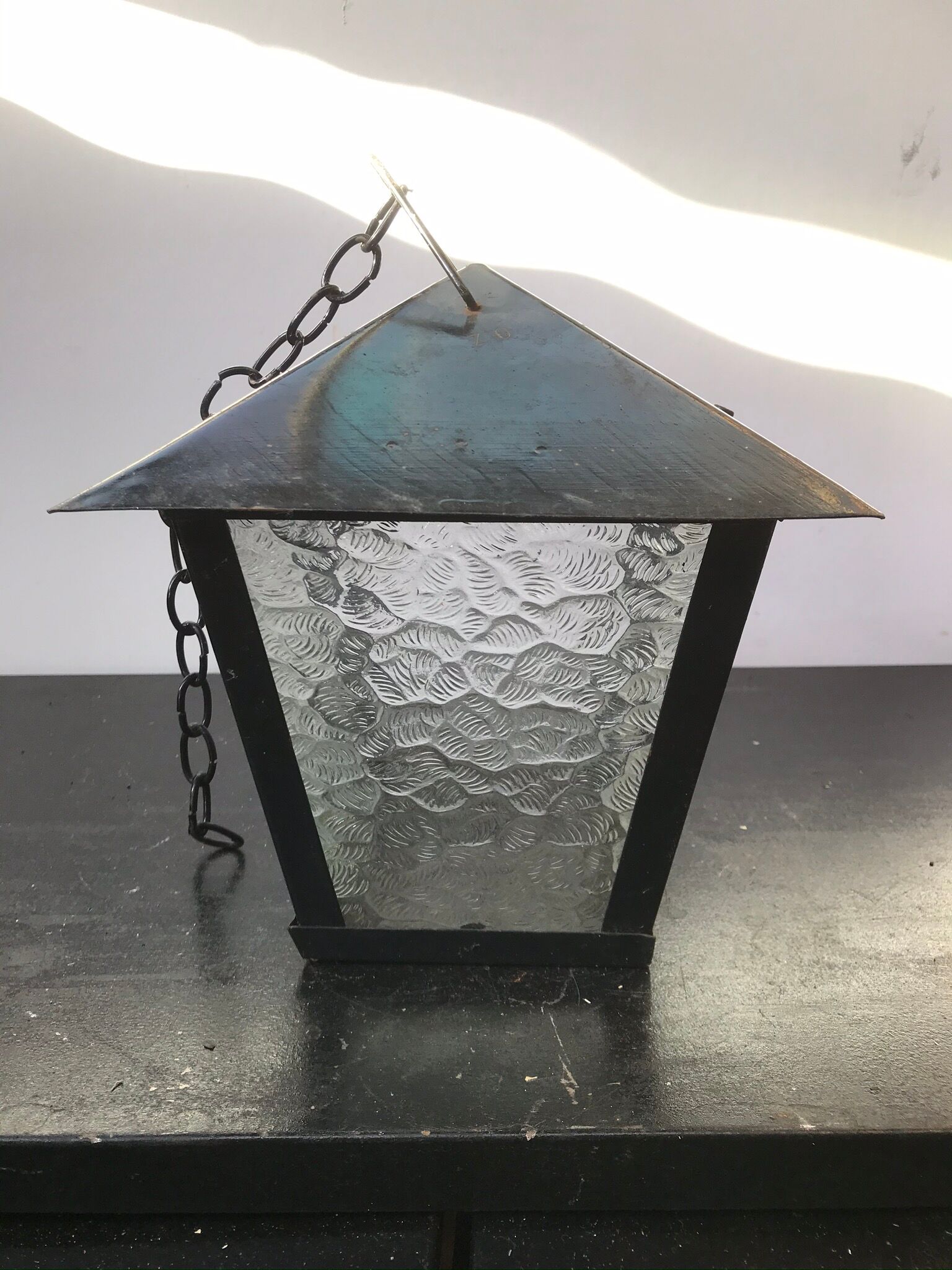 Suspension Old Lantern Metal Black - Vintage 70s Moulded Glass