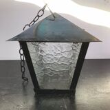 Suspension Old Lantern Metal Black - Vintage 70s Moulded Glass