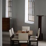 Set of 6 Swedish Grace dining chairs in birch with new upholstery, 1920s.