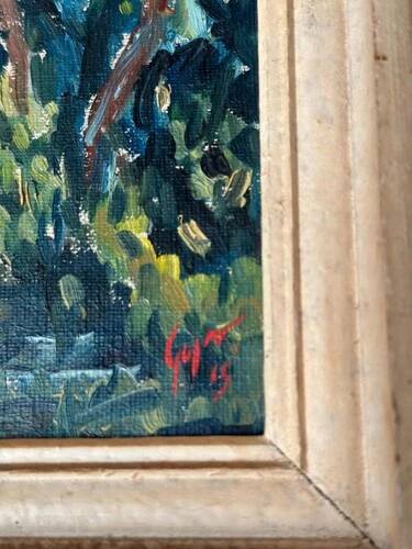 Original Swedish Oil on Panel "Houses in the Trees" Signed & Framed