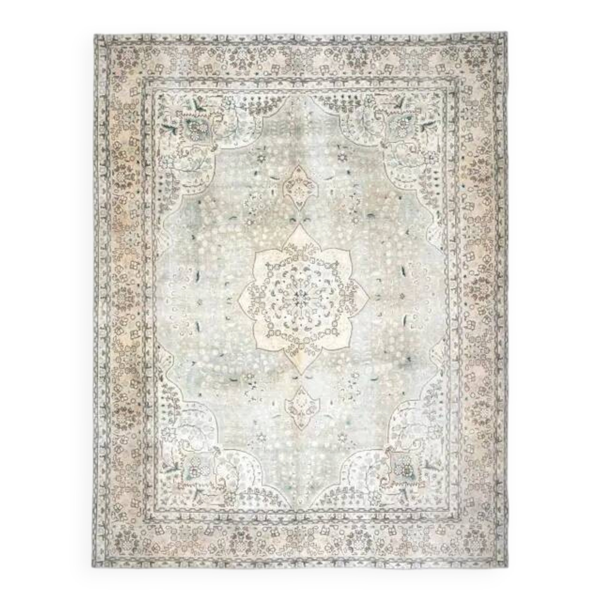 1970s Vintage Persian Handmade Wool Cotton Beige Area Rug 304x405