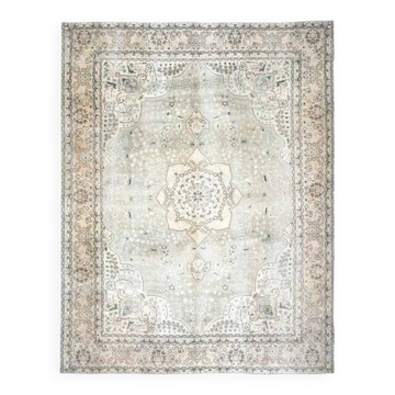 1970s Vintage Persian Handmade Wool Cotton Beige Area Rug 304x405