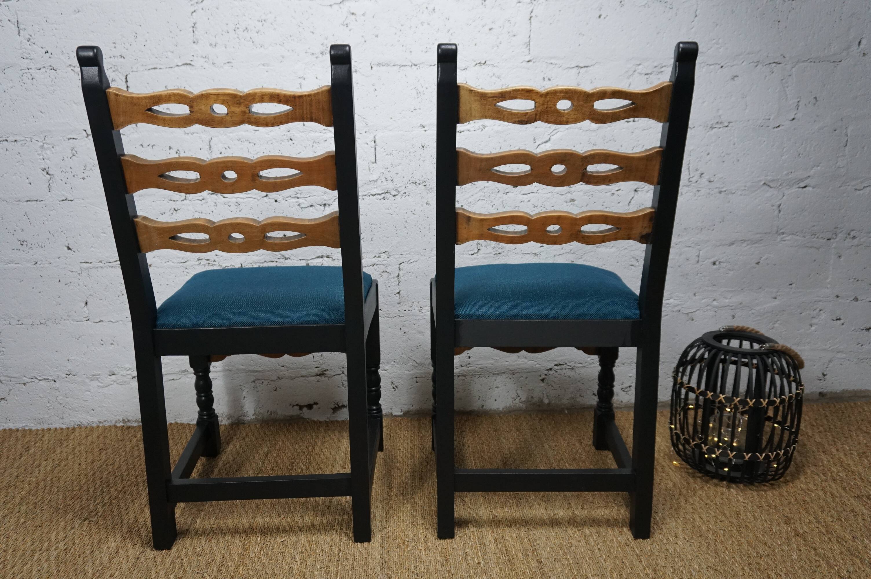 Pair of brutalist wooden chairs revamped in black, duck green fabric seat