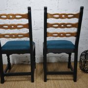 Pair of brutalist wooden chairs revamped in black, duck green fabric seat