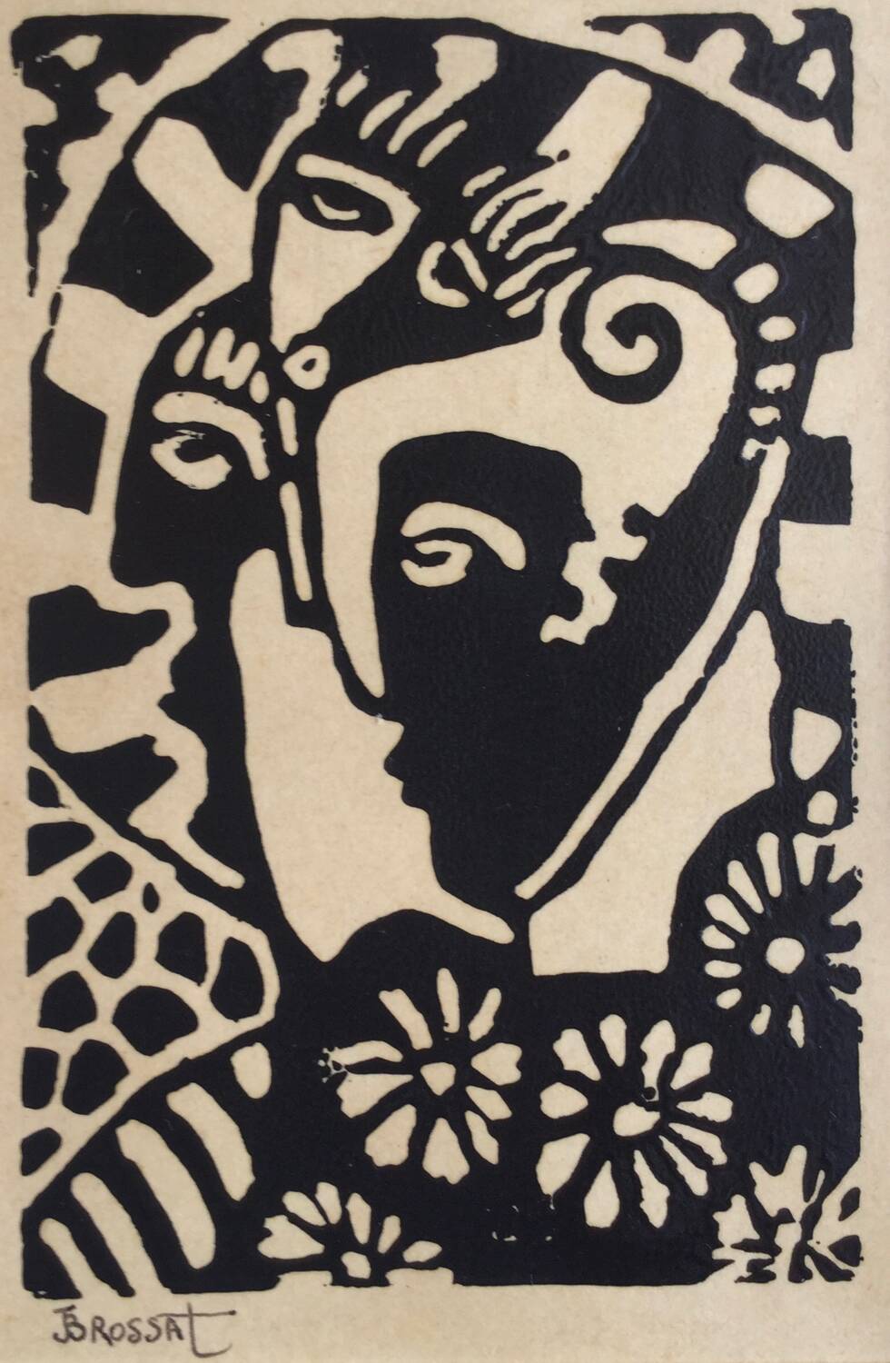 Jean-henri brossat (1946). the 3 faces. linocut.