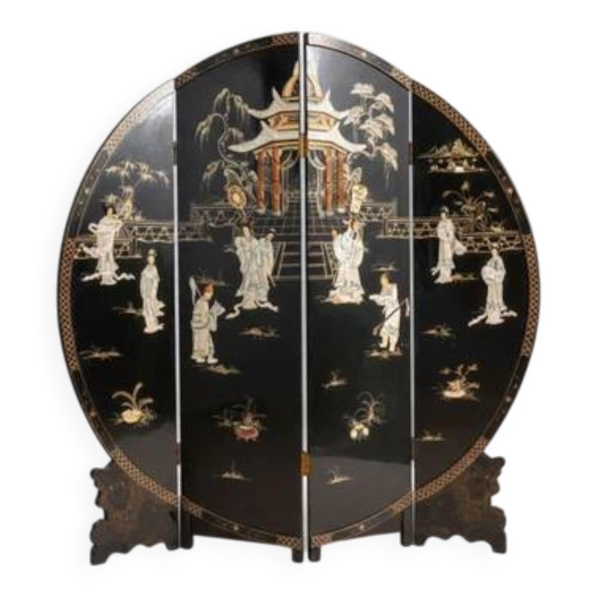 Chinese export black lacquer and mother-of-pearl folding screen, mid-20th century