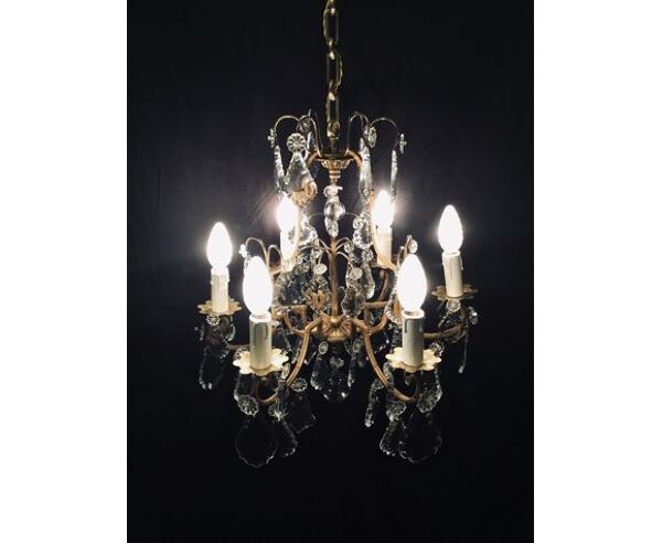 Lustre cage 6 lumières en bronze et cristal